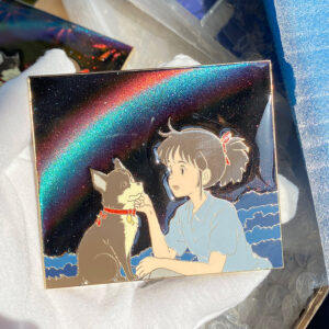 Cat eye anime enamel pin with dog and girl