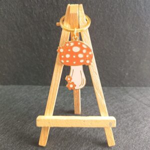 24K gold metal hard enamel mushroom  flowers decorated keychain  with small jump ring and 30mm flat ring