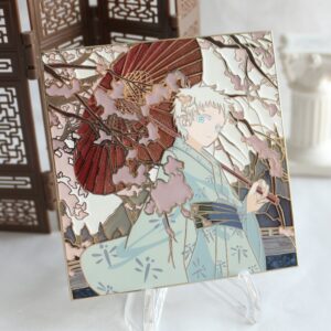 Kimono and umbrella rose gold hard enamel with gradient pearl effect and silkprint