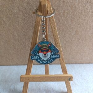 silver metal hard enamel with uv printing keychain,grey man podcast, has 4 links and one 30mm flat ring