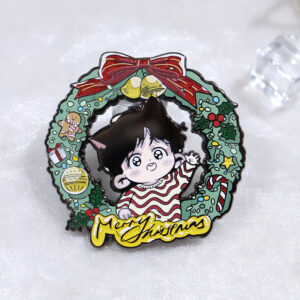 Merry Christmas Cute Girl Glitter Pearl Christmas Wreath Hard Enamel Pin